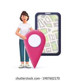 Young woman Jane marking locations on online city map on smartphone. Navigating, assignments, business concept. 3d vector people character illustration.