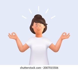 Young woman Jane meditating. Meditation practice. Concept of zen, harmony, yoga, meditation, relax, recreation, healthy lifestyle. 3d vector people character illustration. - Shutterstock ID 2007015506