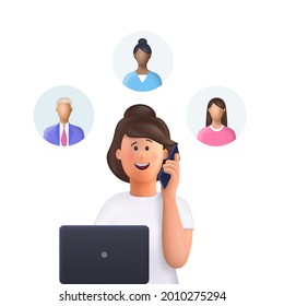 Young woman Jane at a meeting. Assignment of tasks, scram, meeting, job delegation. Manager works with computer and phone. 3d vector illustration.