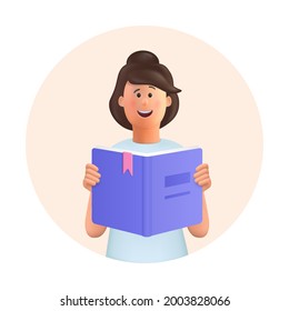 Young woman Jane reading book, studying and preparing for examination.3d vector people character illustration.