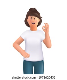 Young Woman Jane Showing Ok Sign . Positive Emotions With Gestures. 3d Vector People Character Illustration.