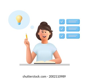 Young woman Jane sitting at table workplace thinking, working on the task. Task, idea concept. 3d vector people character illustration.