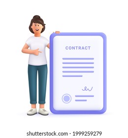 Young woman Jane smiling and pointing at large signed contract. 3d vector people character illustration.