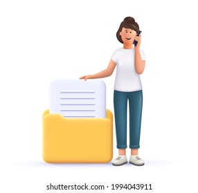 Young woman Jane standing near huge folder with documents and talking on smartphone. 3d vector people character illustration.