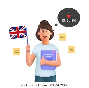 Young woman Jane studying english holding a dictionary and english flag. Learn English concept. 3d vector people character illustration. svg