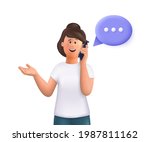 Young woman Jane talking phone, calling by telephone. Communication and conversation with smartphone concept. 3d vector people character illustration.