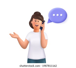 Young woman Jane talking phone, calling by telephone. Communication and conversation with smartphone concept. 3d vector people character illustration.