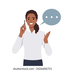 Young woman Jane talking phone, calling by telephone. Communication and conversation with smartphone concept. Flat vector illustration isolated on white background
