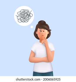 Young woman Jane with tangled thoughts.  Business problem solving concept, online communication problem and question resolution. 3d vector people character illustration.