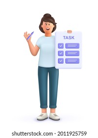 Young woman Jane with tasks on paper sheets, planning schedule to finish task on time. Deadline, assignments scheduling, work process organization concept. 3d vector people character illustration.