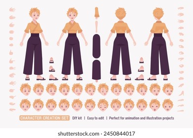 Mujer joven en el estilo japonés kimono desgaste, atractiva chica DIY lindo juego de creación de personajes. Partes de la figura corporal femenina. Cabeza, pierna, gesto de la mano, diferentes emociones, kit de construcción. Ilustración vectorial