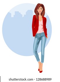 Young woman in jeans, high heels and red jacket