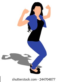 Young woman in jeans standing and dancing, vector 