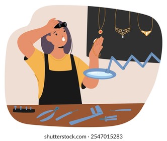 Joven joyero mirando el colgante con el ratón abierto y el choque en la cara que indica la Ilustración vectorial del defecto. Diseñador de accesorios preciosos artesano femenino que trabaja en joyas hechas a mano en estudio