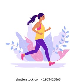 Young woman jogging. Active healthy lifestyle concept, running, city competition, marathons, cardio workout, exercise. Isolated vector illustrations for flyer, leaflet, advertising banner