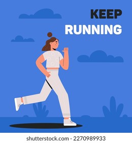 Young woman jogging. Active healthy lifestyle concept, running, city competition, marathons, cardio workout, exercise. Illustration for flyer, leaflet, advertising banner