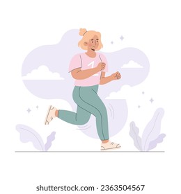 Young woman jogging. Active healthy lifestyle concept running city competition marathons cardio workout exercise. Isolated vector illustrations for flyer leaflet advertising banner
