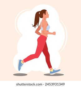 Mujer joven trotando. Concepto activo de estilo de vida saludable, correr, competición de la ciudad, maratones, entrenamiento cardiovascular, ejercicio. Ilustraciones vectoriales aisladas para flyer, folleto, Anuncio publicitario