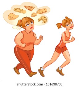 Young woman jogging. Fat woman jogging, dreams of high-calorie foods. Health and fitness. Vector illustration. Isolated on white background