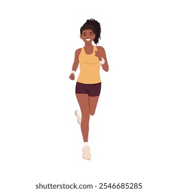 Joven trotando. Atleta femenina en ropa deportiva, haciendo ejercicio. Ilustración vectorial plana aislada sobre fondo blanco