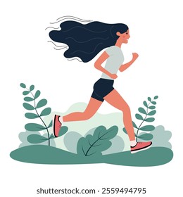 Young woman jogging. Healthy lifestyle concept, doing sports, competitions, marathons, cardio training, exercise. Isolated vector illustration for advertising banner, flyer, leaflet.