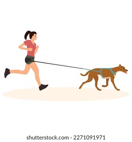 Young woman jogging with his dog on a leash. Caring for a pet. Vector illustration