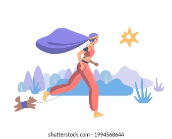 Young woman jogging in nature with her dog. Beautiful young girl takes care of her beauty and health as well as taking care of her pet. Healthy lifestyle. Flat vector illustration.
