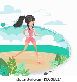 Young woman jogging on a beach beautiful girl running on the beach, healthy lifestyle, sports benefit, vector illustration, running in summer