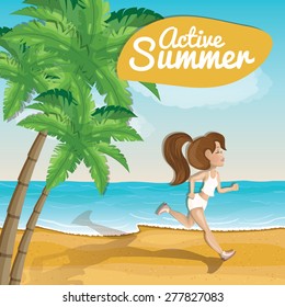 Young woman jogging on a beach. Vector cartoon illustration 