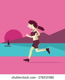 Young woman jogging on a beach. sunset background.  flat character design. vector illustration