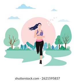 A young woman jogging outdoors in a park with earphones, enjoying a healthy and active lifestyle.