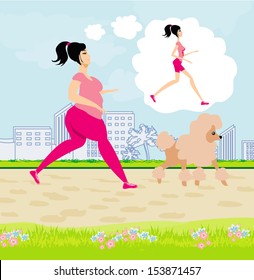 Young woman jogging,fat girl dreams to be a skinny girl 