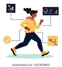 Uma jovem corre enquanto rastreia seu progresso físico com um smartwatch e dados de saúde