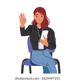 Jovem jornalista, personagem de desenho animado sentado com a mão levantada em conferência de imprensa à espera de volta para fazer pergunta isolada sobre fundo branco. Correspondente feminino segurando braço ilustração vetorial