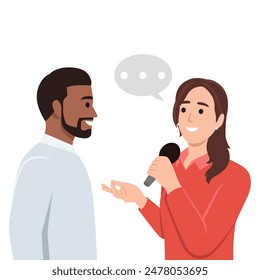 Young woman journalist interviews a man with microphone. Flat vector illustration isolated on white background