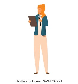 Young woman journalist is reporting live, holding a microphone in one hand and reading from a digital tablet in the other