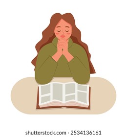 Jovem Mulher Orando Alegremente. Mulher calma crente orar a Deus. Lendo a Bíblia. Fé e Esperança. Ilustração de vetor.