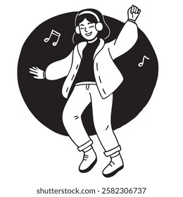 A young woman joyfully dances in a warm jacket, moving energetically to music. Her carefree expression and rhythm reflect happiness and freedom in motion. Music notes surround her.