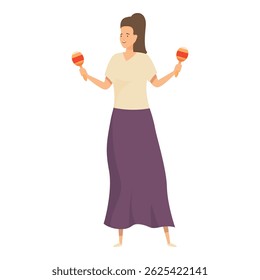 Jovem mulher está alegremente tocando um par de maracas, exibindo uma celebração vibrante de música e dança latina