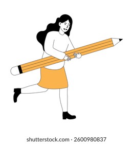 Young woman joyfully running while carrying an oversized pencil illustration