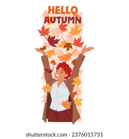 Young Woman Joyfully Tosses A Vibrant Cascade Of Autumn Leaves Into The Crisp, Sunlit Air. Character Creating A Breathtaking Moment Of Seasonal Beauty And Exuberance. Cartoon People Vector Banner