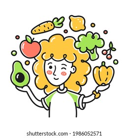 Young woman jugging fruits and vegetables. Vector doodle cartoon character illustration. Isolated on white backgound. Woman girl on diet, healthy vegetables food, vegan, vegetarian doodle concept