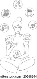 Young woman juggles daily activities. Vector outline illustration of day-to-day activities like work, children, hobby