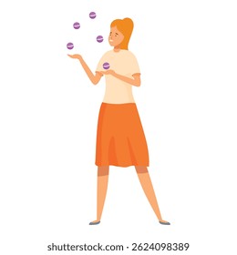 Young woman is juggling with balls, keeping her balance and smiling