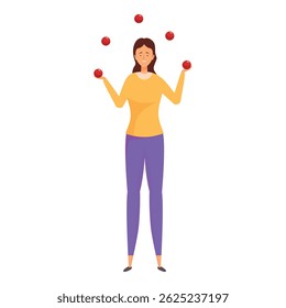Young woman is juggling five red balls, representing the concept of multitasking