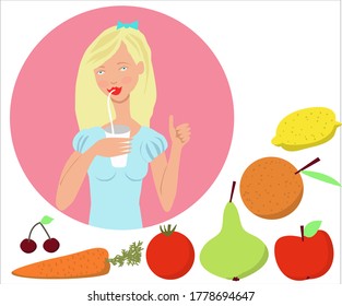 A young woman with juice. Different kinds of fruits and vegetables for juices. Vector illustration.
