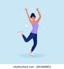 Young woman jump. Happy positive girl jumping and expressing joy. Victory, success celebrating. Student laughing and smiling. Vector illustration