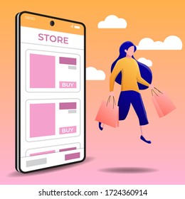young woman jump with shopping bag, shopping online on mobile phone vector illustration flat style.