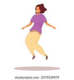 Young woman is jumping in the air with a happy expression on her face