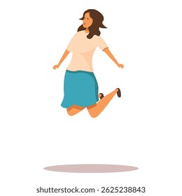 Young woman is jumping in the air, her arms outstretched, a look of pure joy on her face